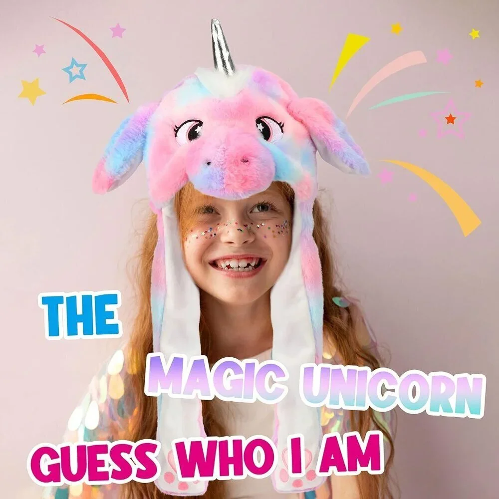 Kids Unicorn Rainbow Animal Hat with Ears Moving Jumping Pop Up Beating Plush